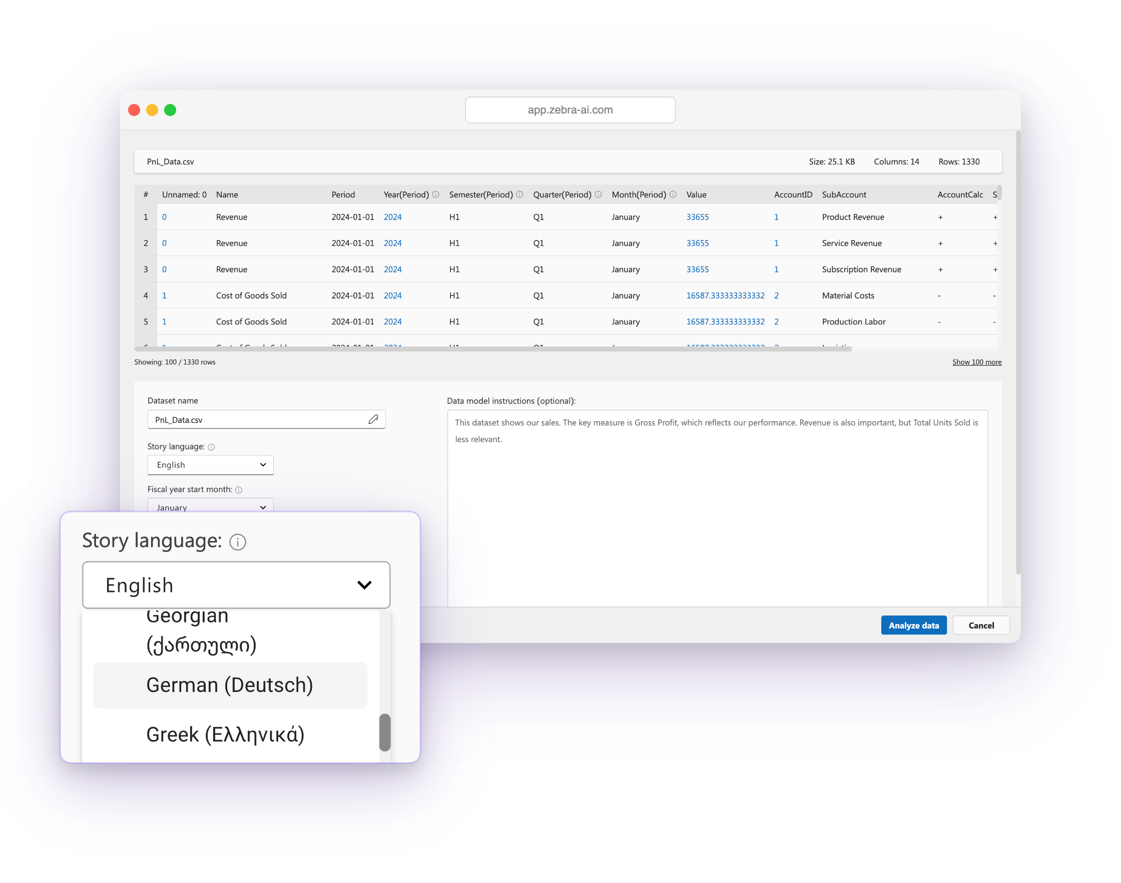 Zebra AI language selector